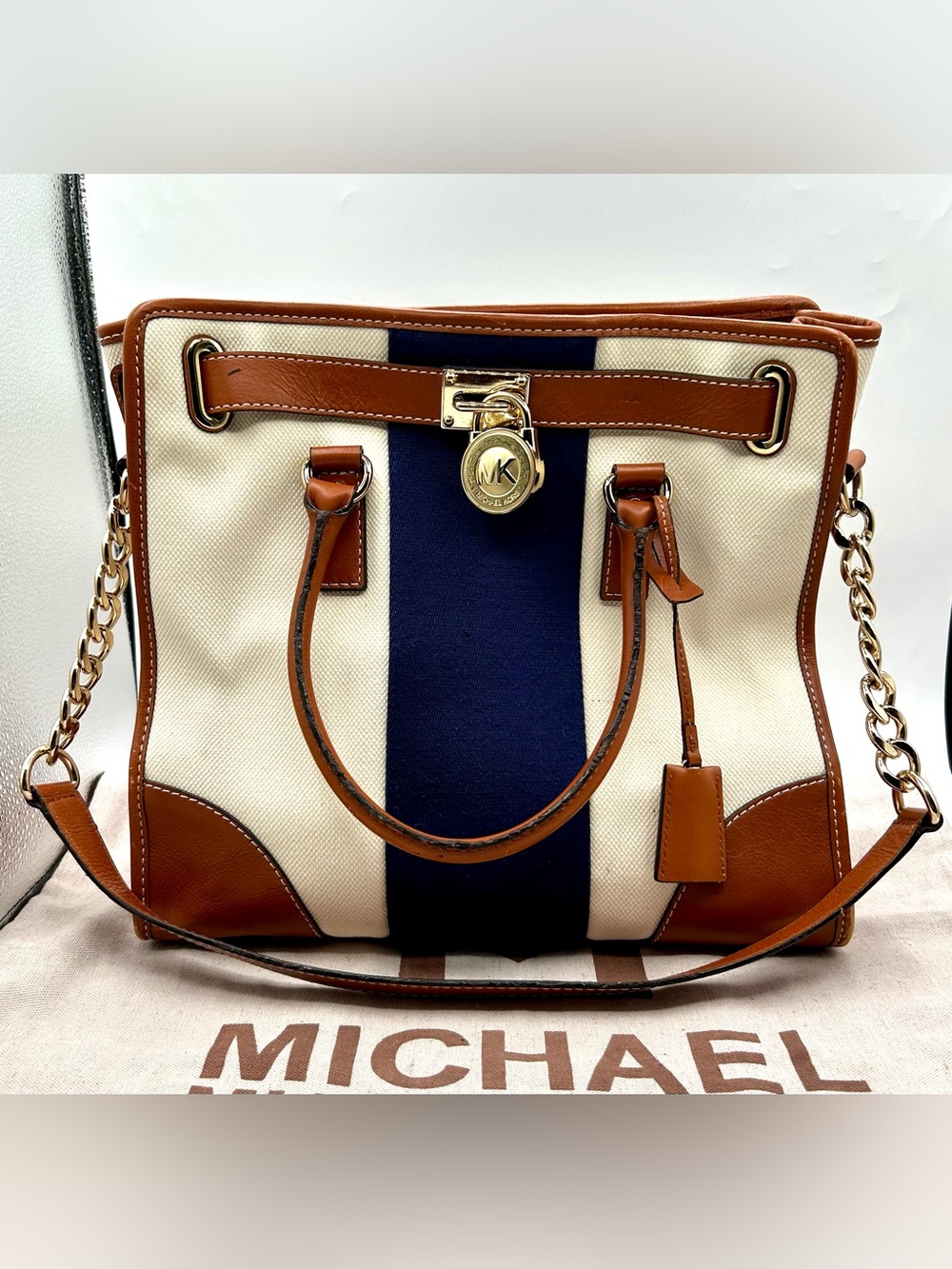 MICHAEL Michael Kors Large Hamilton Tote Bag -Canvas-Navy Blue-Leather Trim.